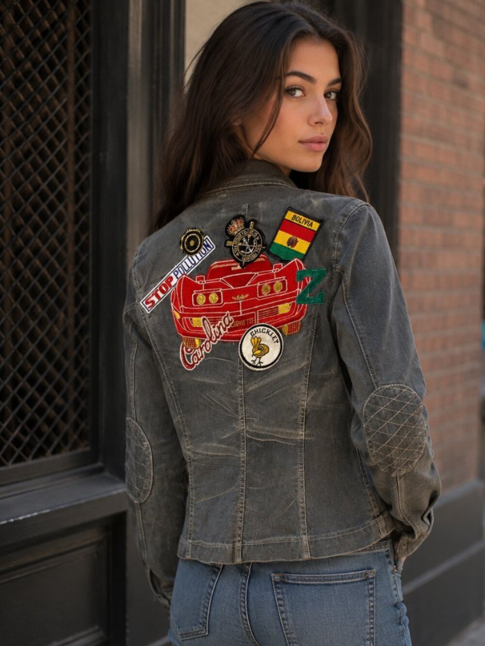 Vision Patch Gray Denim Jean Jacket Women Moto Jacket Medium